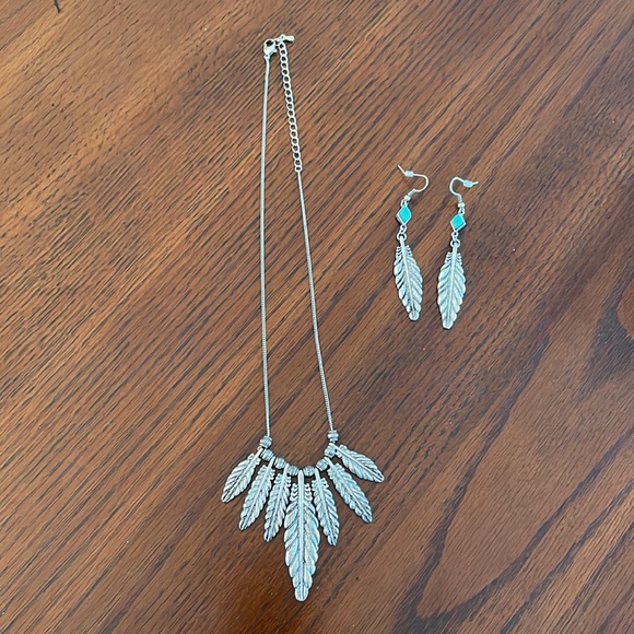 Jewelry - Women’s Necklace & Earring Set Feathers Silver & Turquoise *FINAL PRICE*